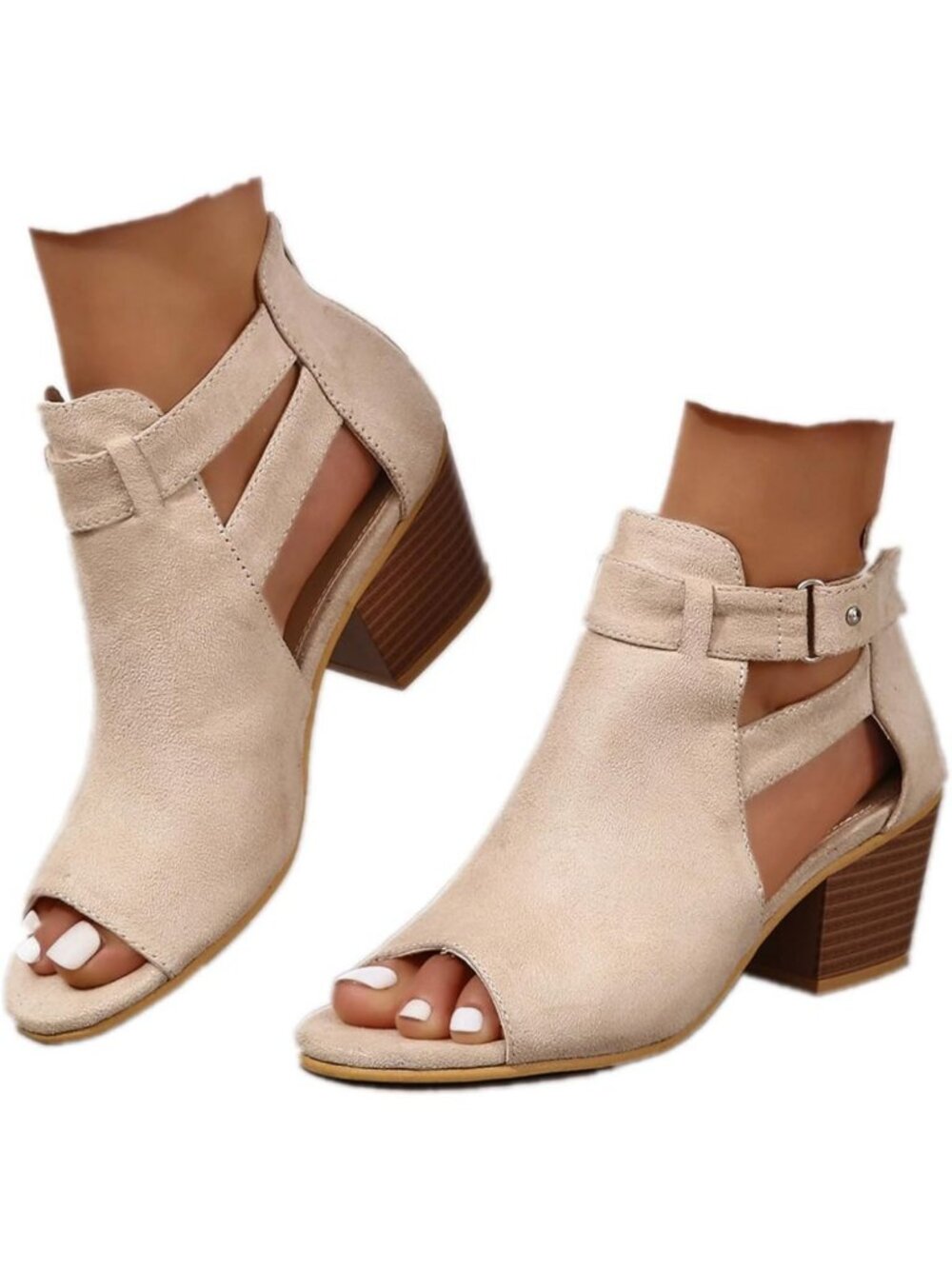 Chic Peep Toe Ankle Booties with Chunky Heels & Cutout Design - Suede Sandals